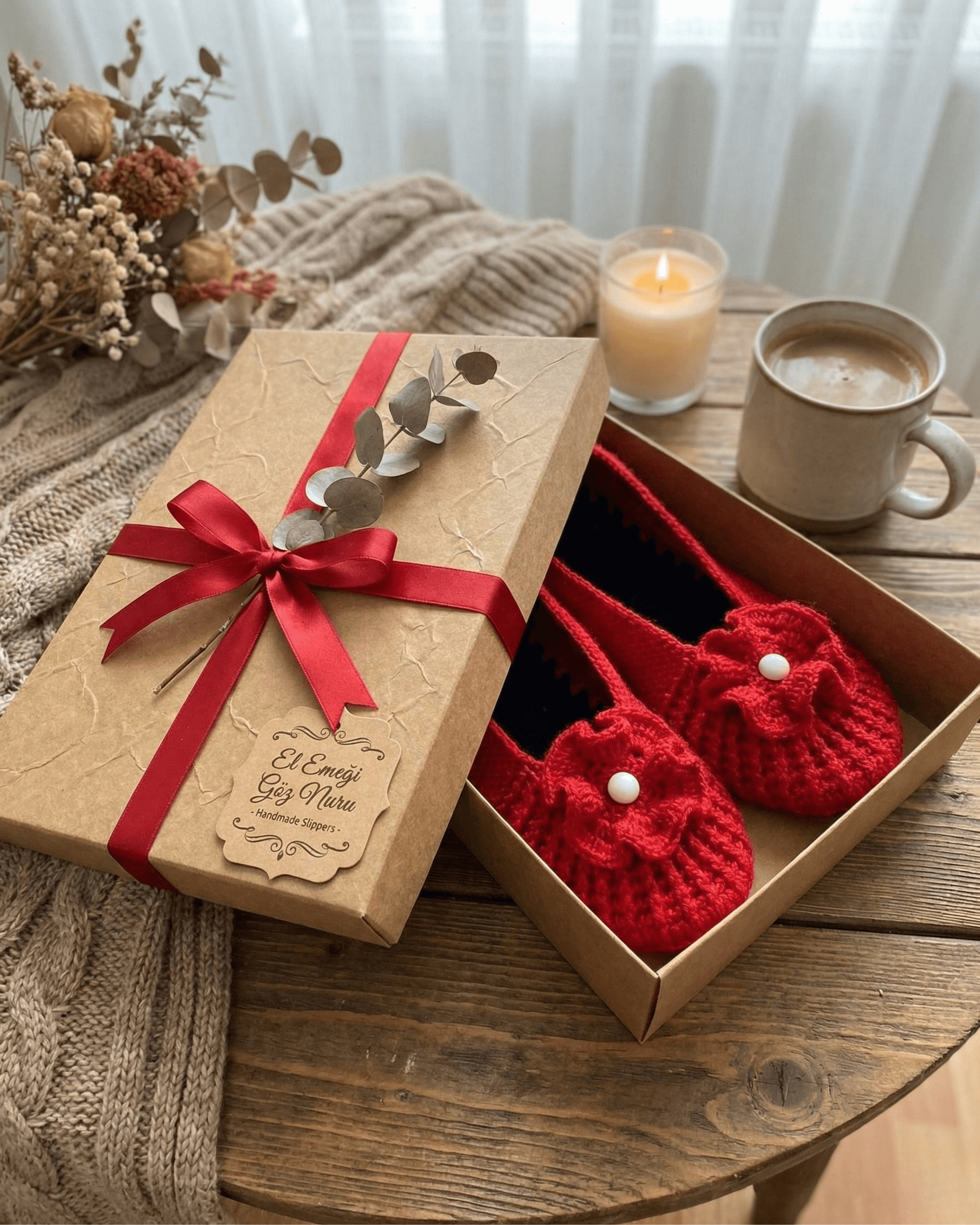 Zarif Dokunuş: El Örgüsü İncili Çiçekli Kadın Patik - Nar Çiçeği Kırmızısı